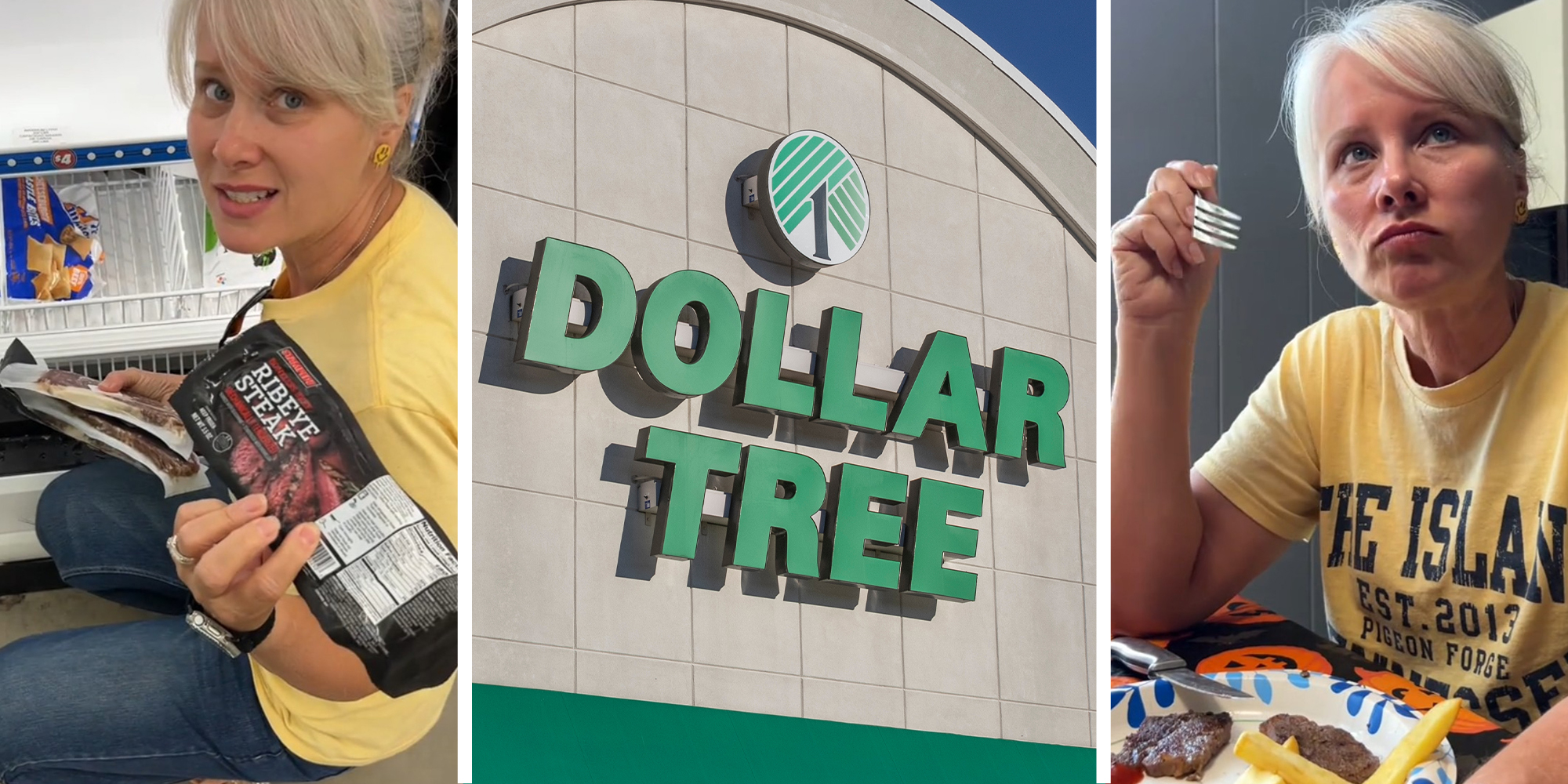 Woman holding Ribeye steak from Dollar Tree(l) Dollar Tree Sign(c) Woman eating cooked ribeye steak