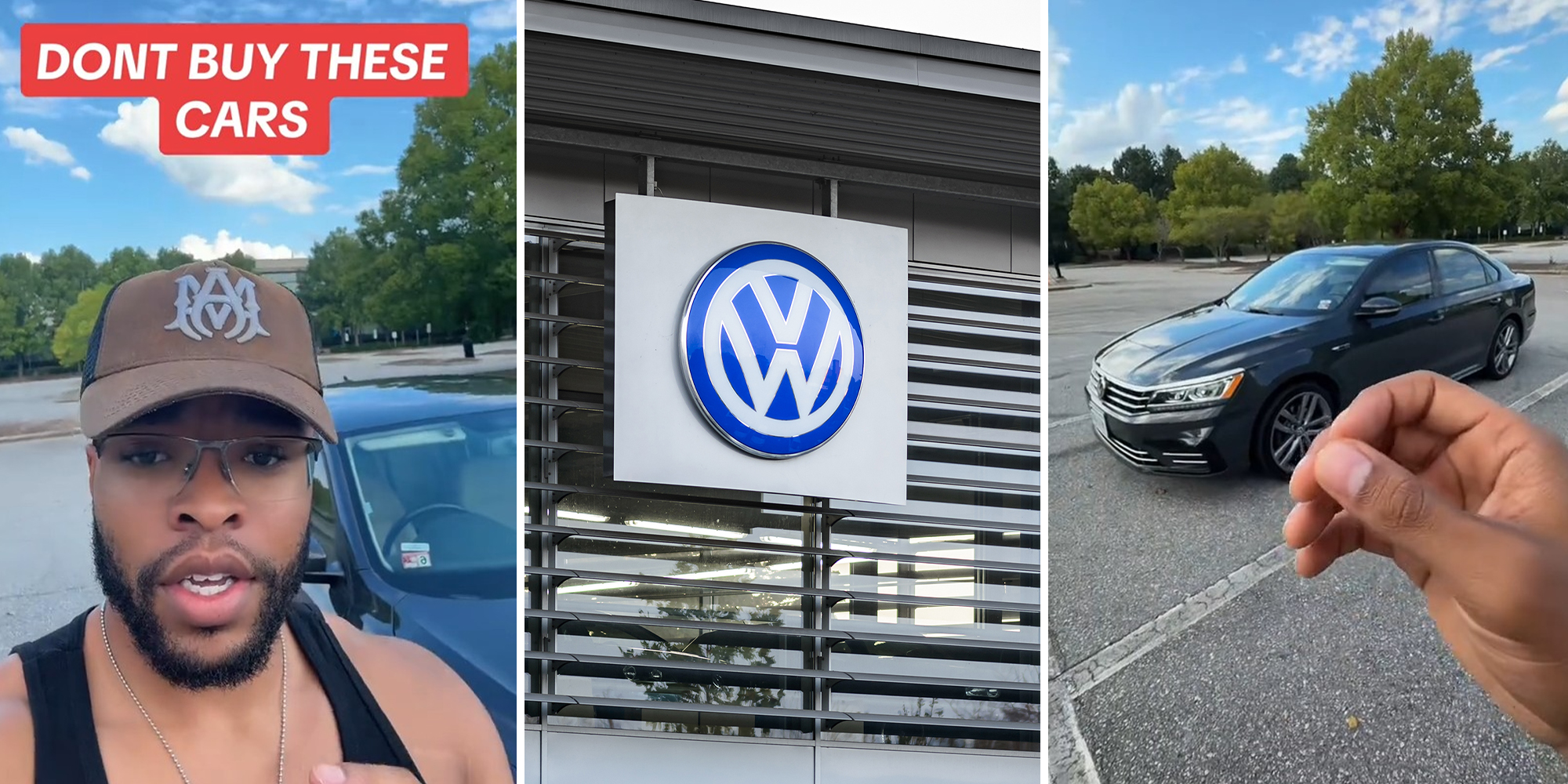 Mean wearing brown cap and black tank top (l) VW Dealer Sign(c) Hand gestured at VW Sedan(r)