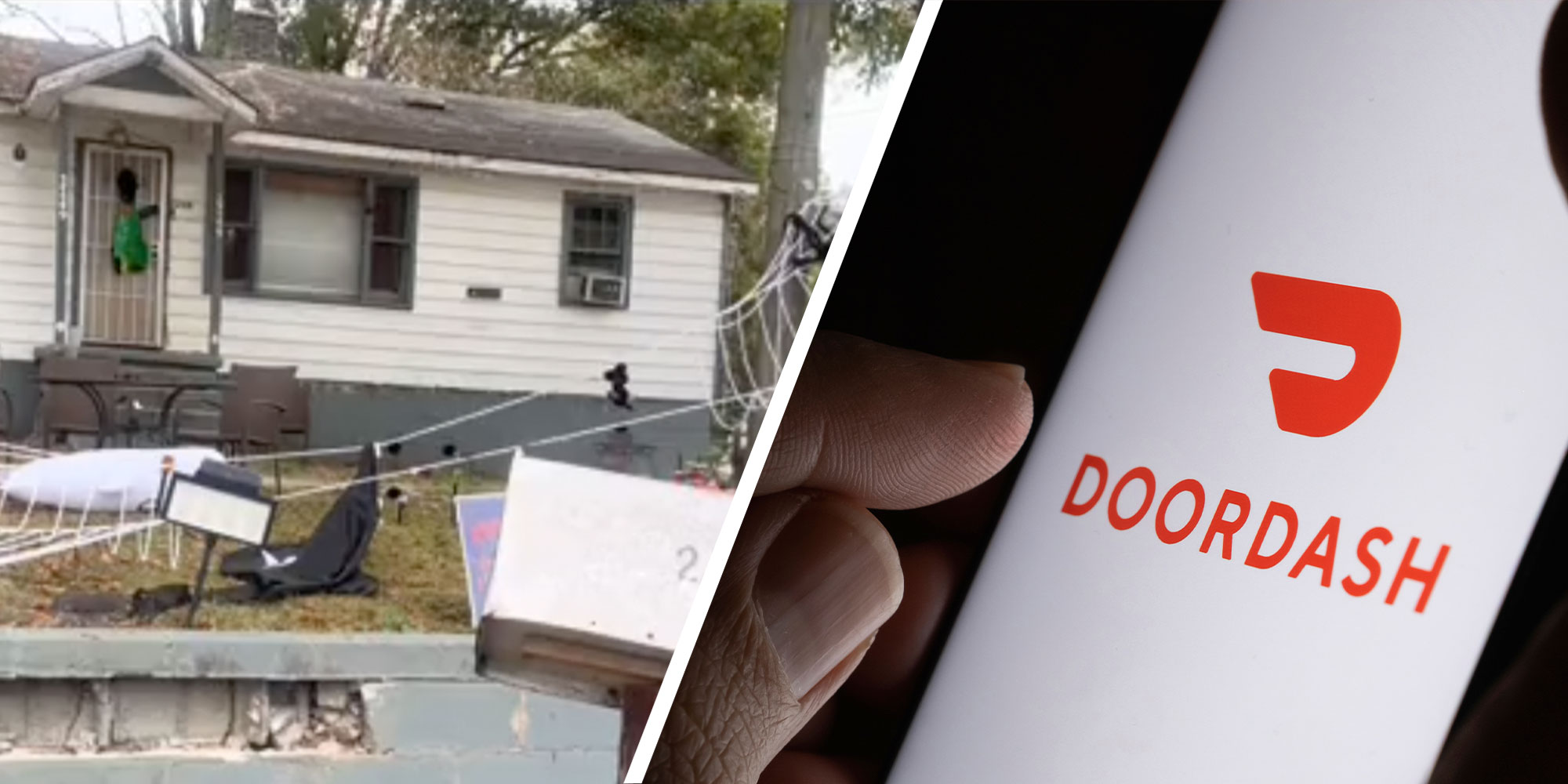 Two panel design with panel one showing a house from the outside. The lawn is covered in stuff and halloween decor. The 2nd panel show a close up of person's phone, with the DoorDash logo on it.
