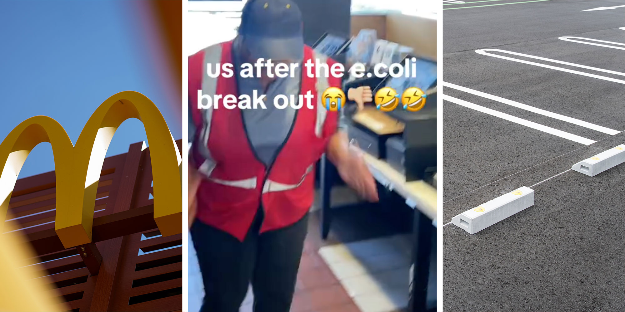 Three panel design with one showing the outside of a McDonalds, the 2nd showing a person working at a McDonalds with the words "us after the e.coil break out", and the last panel is an empty parking lot.
