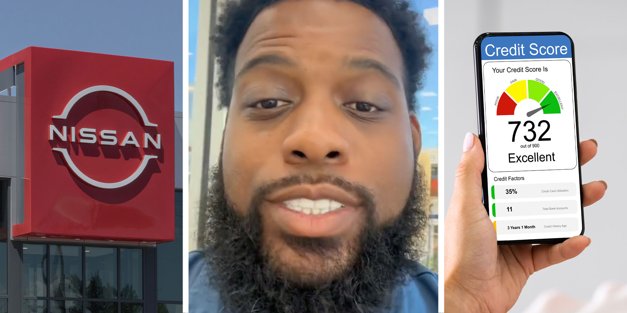 Three panel image showing a Nissan dealership sign from outside, middle panel showing the man from TikTok who is a car salesman, he is smiling and has a beard. The final image shows a person looking at their phone with an excellent credit score.