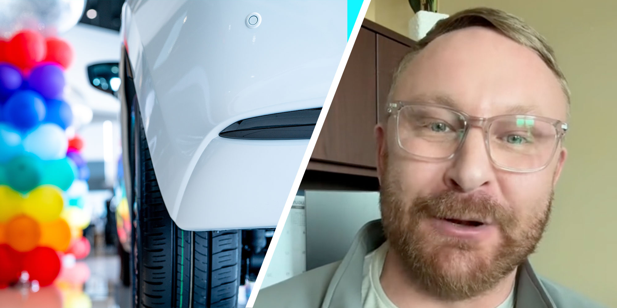 xTwo panel design with one showing an auto dealership, the 2nd showing a man talking at the camera. He is in his apartment.