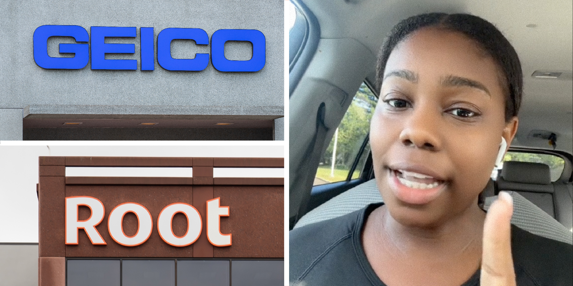 3 panel image: the Geico logo, the Root logo, and the face of a woman explaining something in her car with her finger raised.