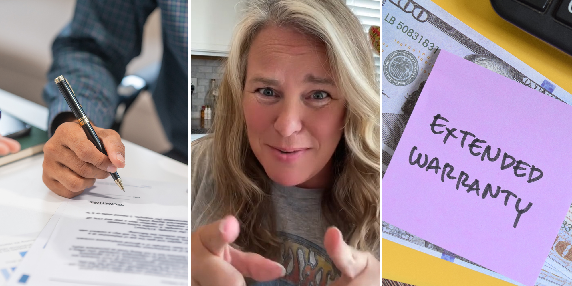 Signing Contract with a Pen(l) Woman pointing(c) Extended Warranty spelt on post it note that was placed on money(r)