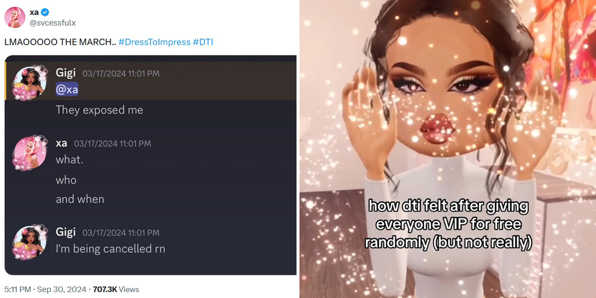X screenshots of user Gigi saying she is being cancelled(l) Roblox Character with text overlay(r)
