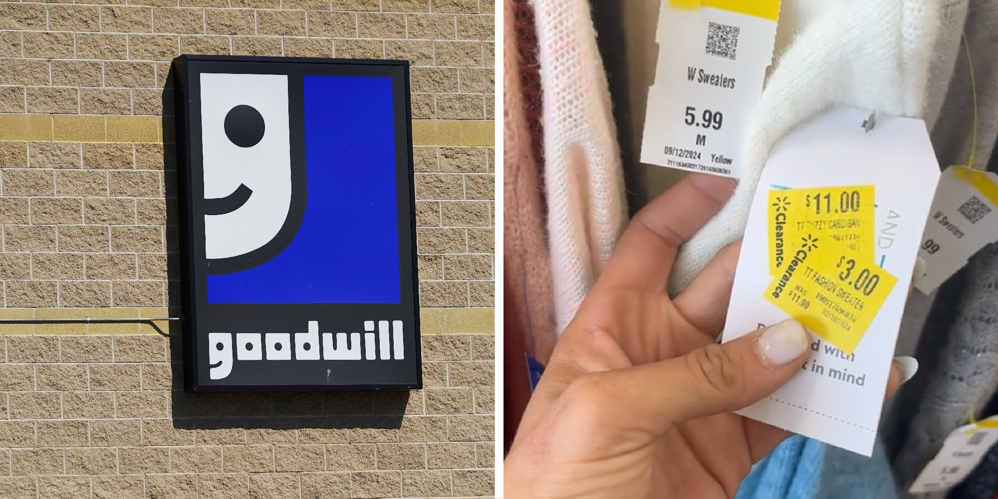 two panel image on left side is the Goodwill logo on the outside of a store and on the right side we see a hand holding price tags on clothing.