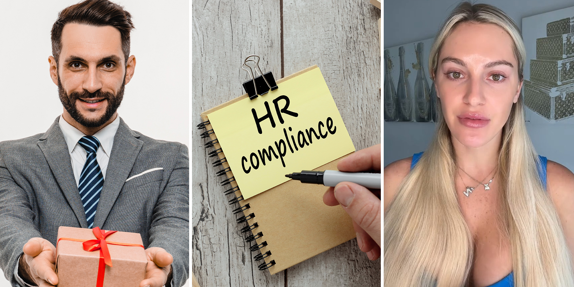 businessman giving present box(l) HR compliance text on yellow sticker male hand writing text(c) Woman sharing experience working a corporate job(r)