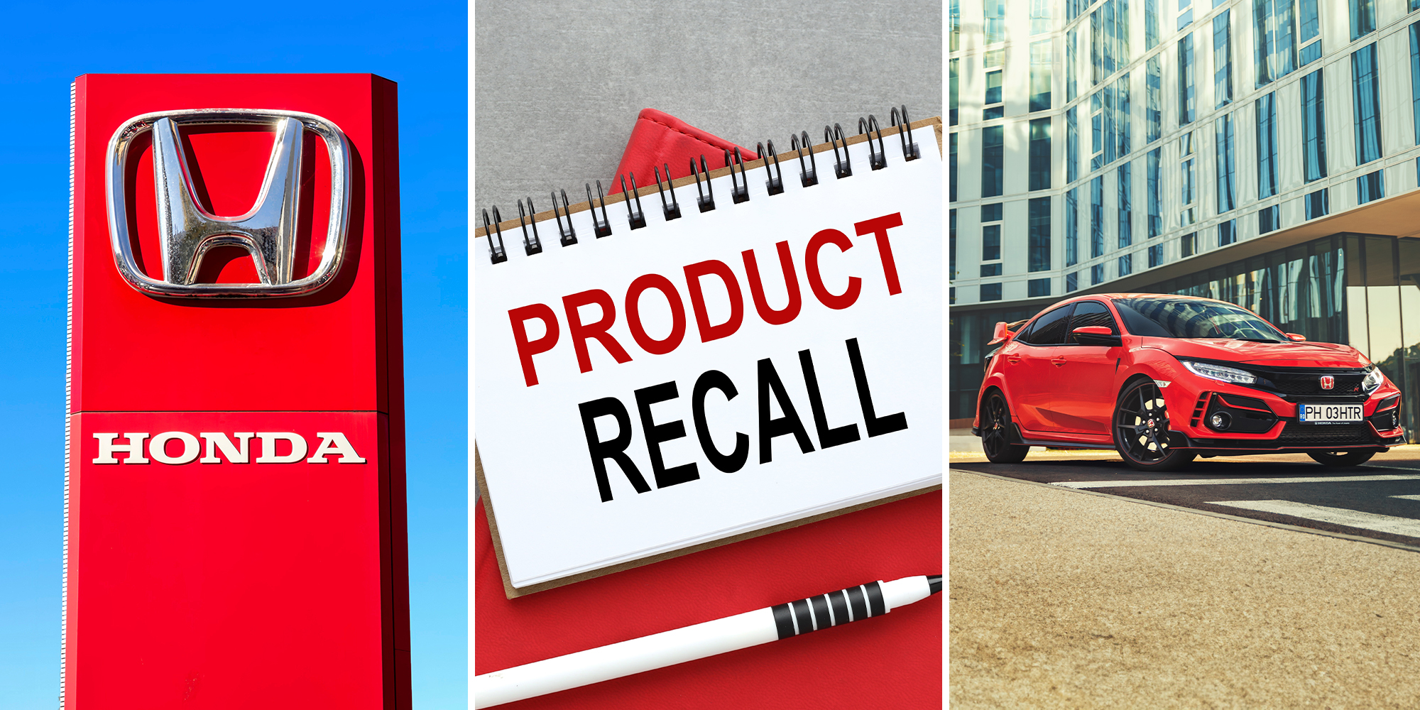 Honda Dealer Sign(l) Note Pad stating "Product Recall"(c) Honda Civic Type R Ultimate edition front view(r)