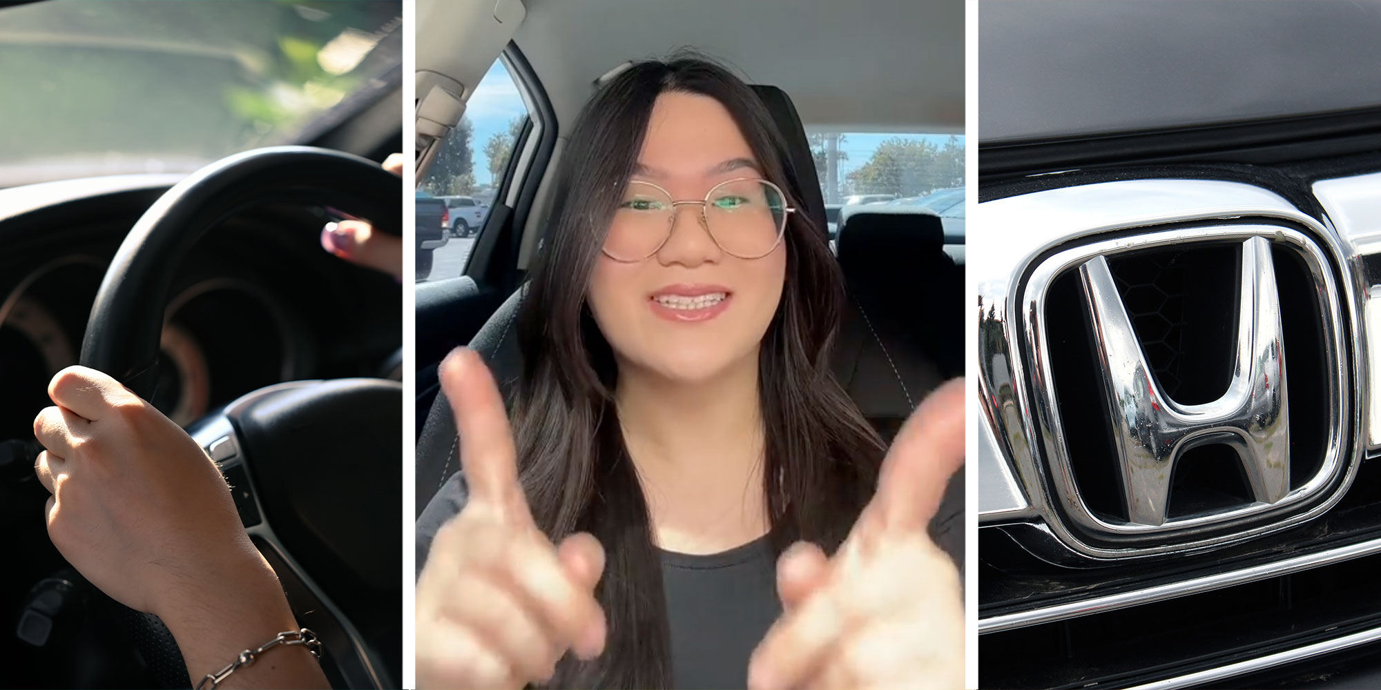 three panel design with one showing a persons hand on a steering wheel, the middle panel is a woman with a big smile and her hands pointing at the camera, the final panel is a close up of a Honda grill.