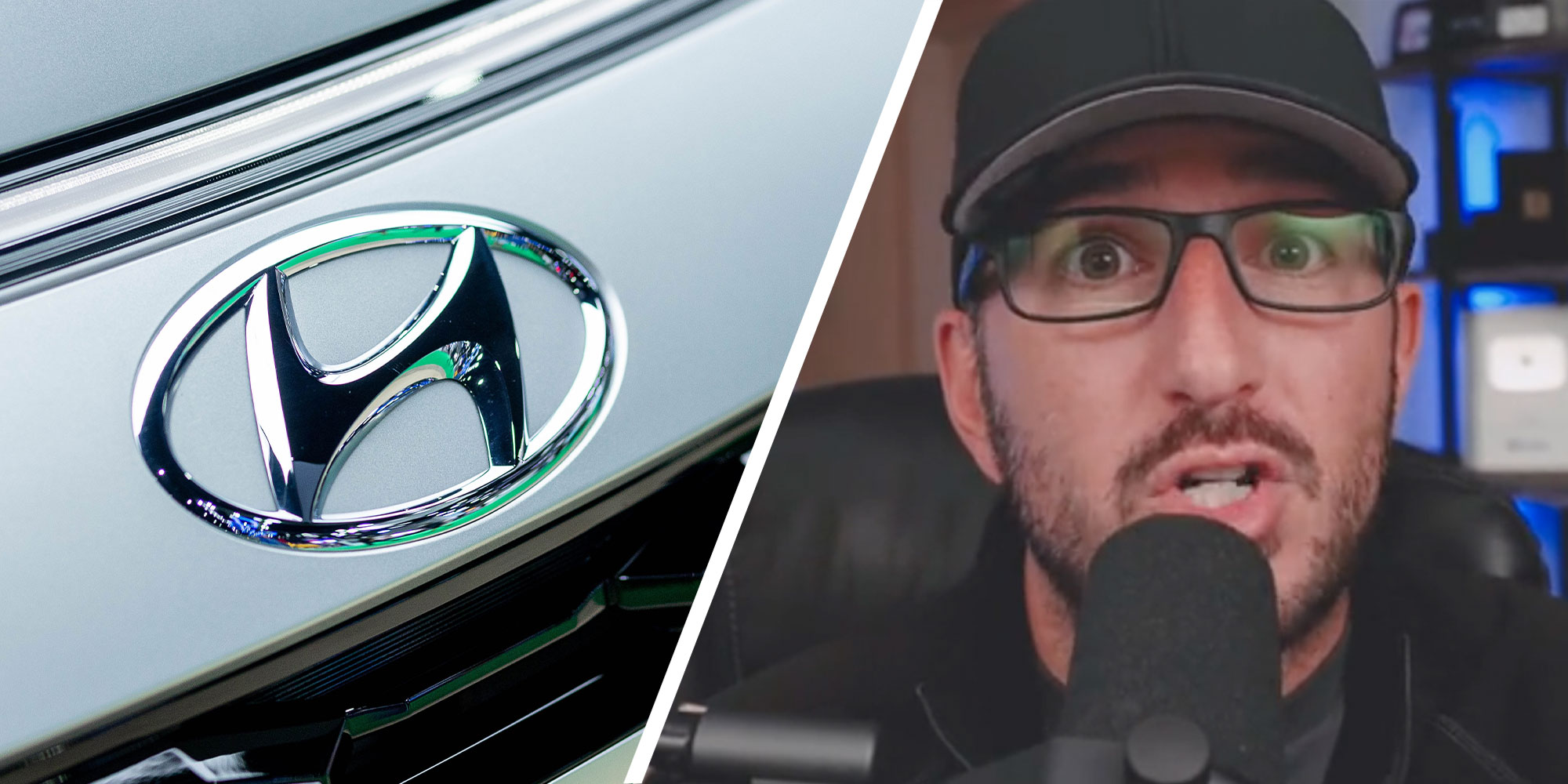 Two panel design with a close up of a Hyundai logo on a new vehicle, 2nd panel is a man talking at the camera.