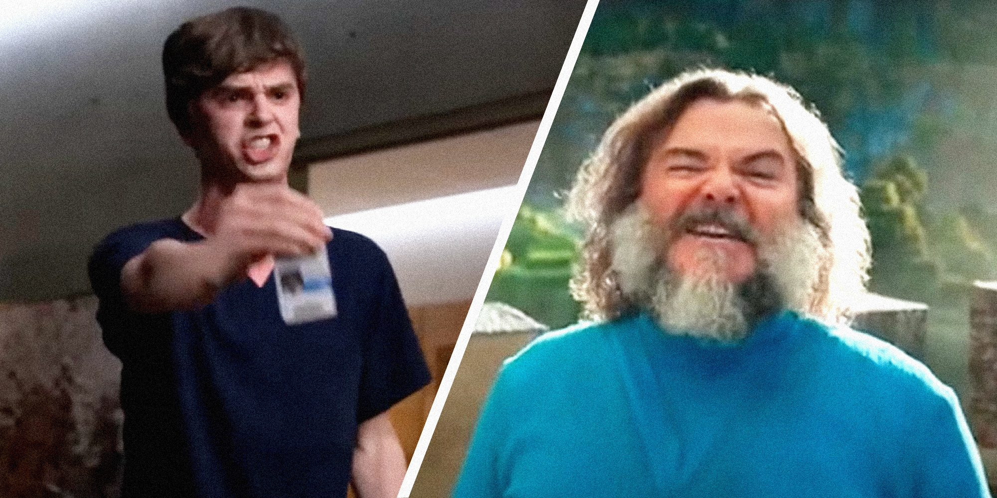 Two panel image, on one side is a still from The Good Doctor TV show and one the right is an image from The Minecraft Movie Trailer.