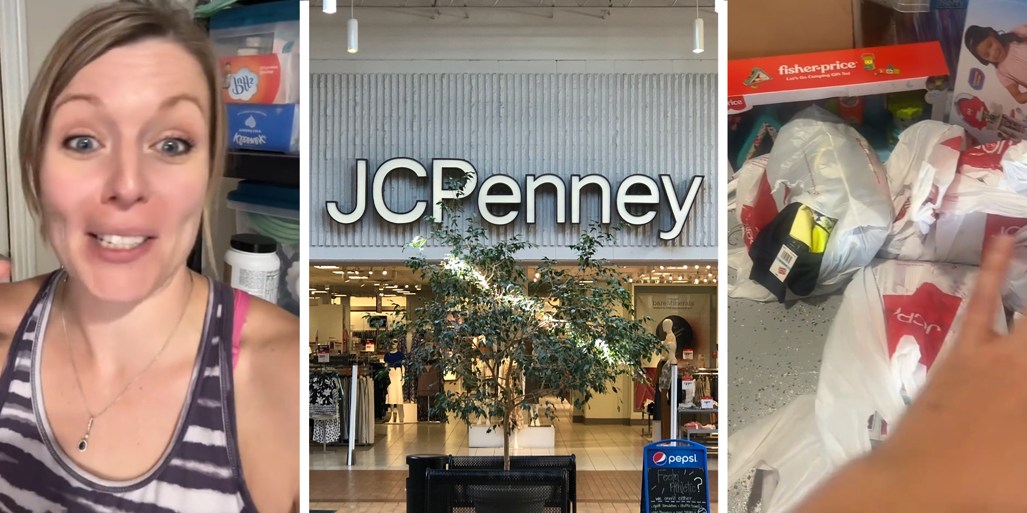 Woman excited to share promotions on TikTok(l) JCPenney Store Front(c) Bags of Products from JCPenney