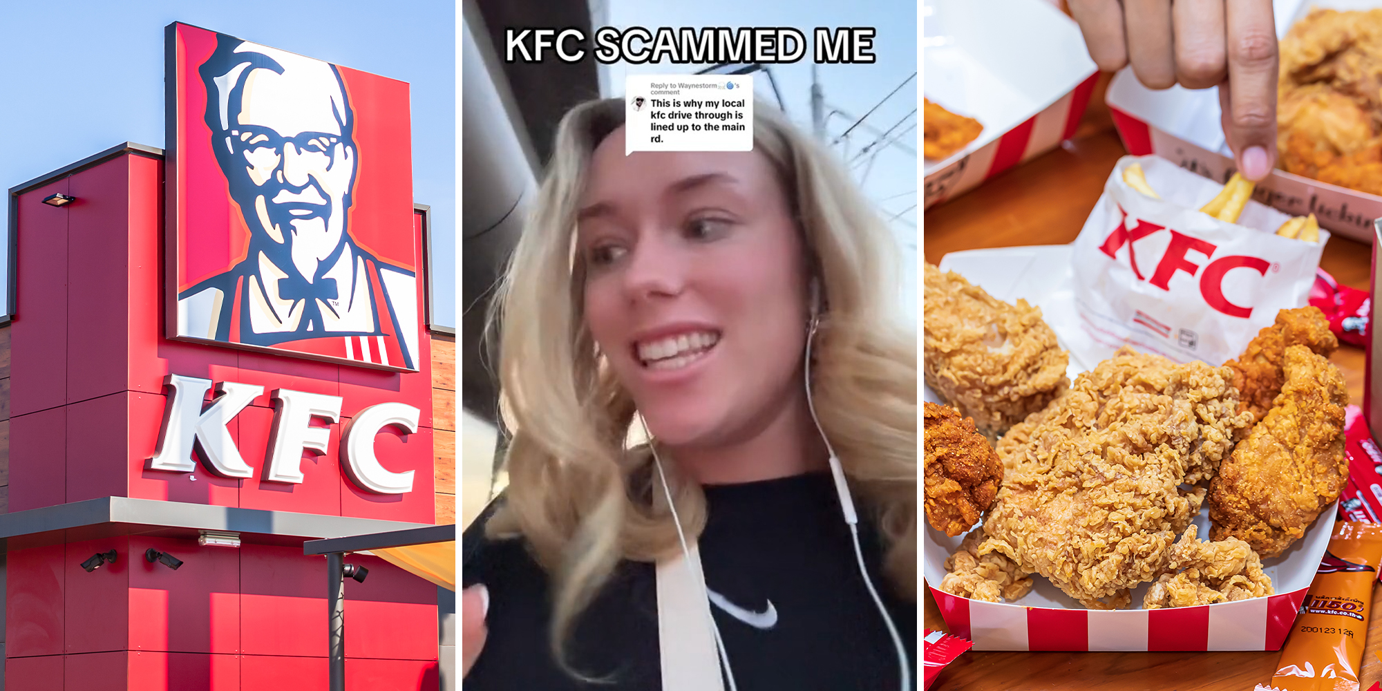 KFC Restaurant Front(l) woman smiling with overlay text "KFC SCAMMED ME"(c) KFC Fried Chicken(r)