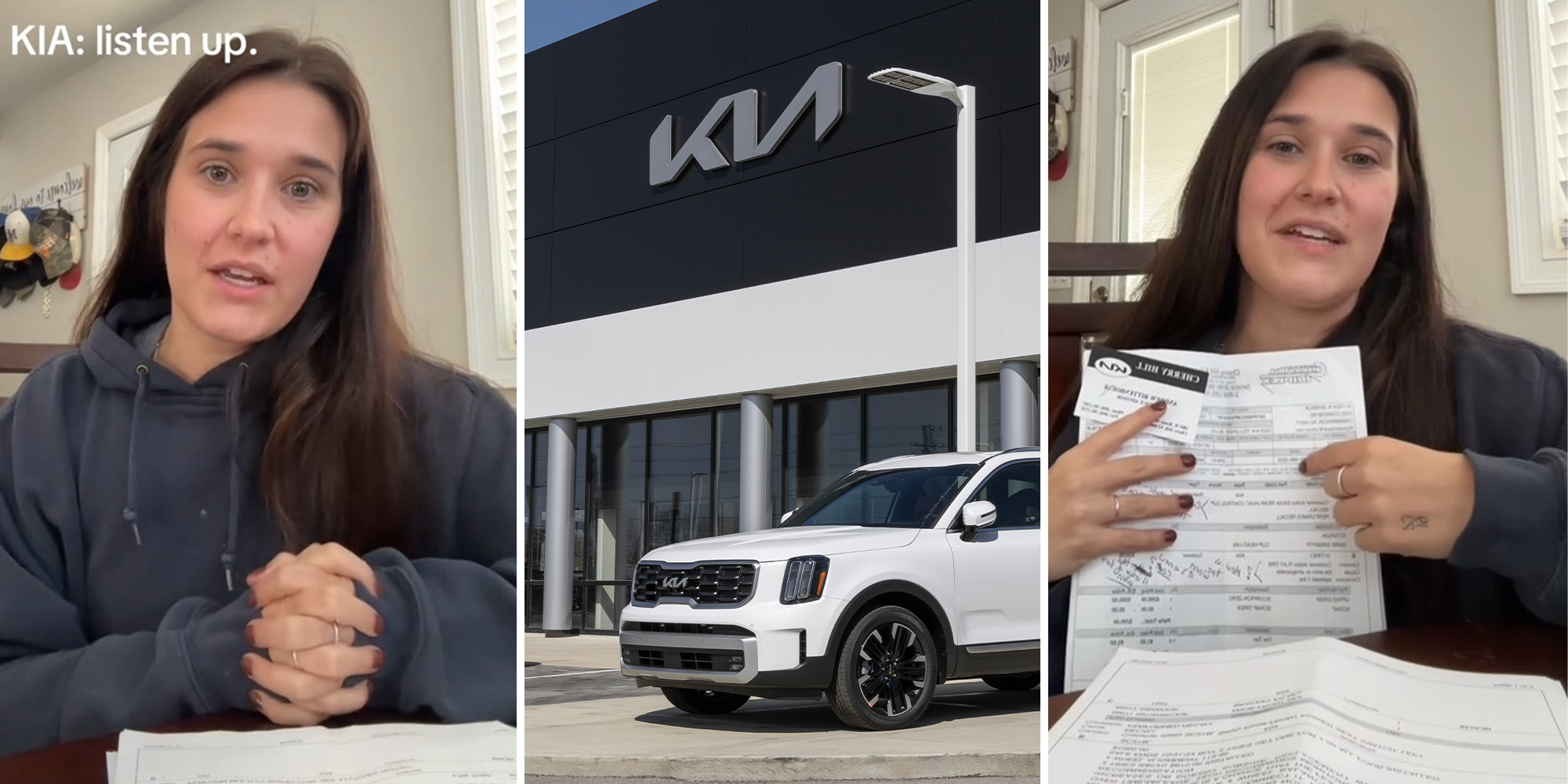 Woman sharing story on TikTok about her Kia Purchase experience; Kia Dealership with white Telluride parked in front