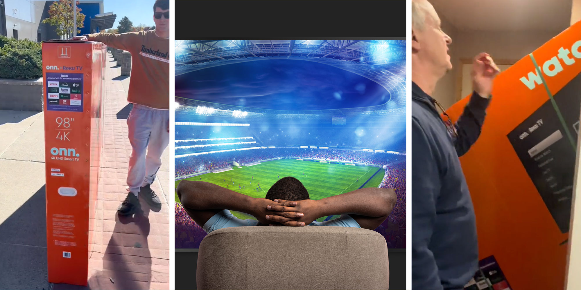 three panel design with one showing a large TV inside of it's box and a person is needed to hold it up. The middle panel shows a man enjoying the game on a very large TV. The final panel show a man looking up the stairs with the large TV box appearing to be stuck as it goes up stairs.