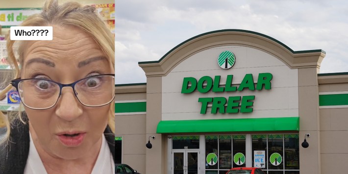 A woman speaking to the camera next to a Dollar Tree location.
