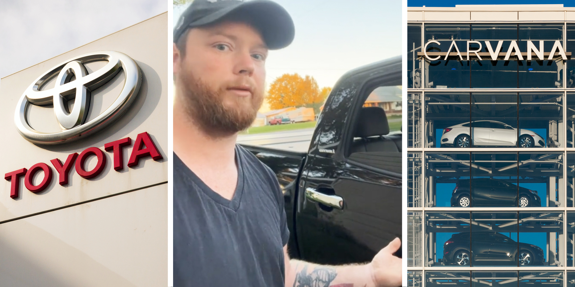 Toyota sign(l), Man talking by truck(c), Carvana tower(r)