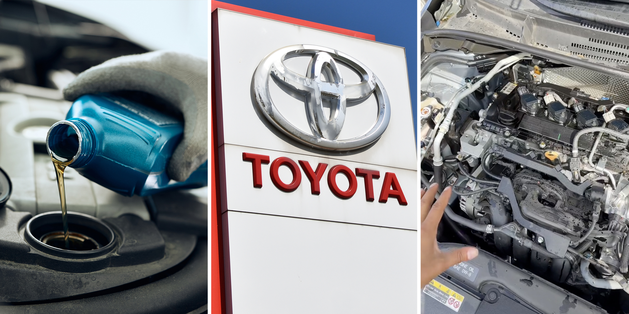 Hand pouring oil into car(l), Toyota sign(c), Car engine(r)