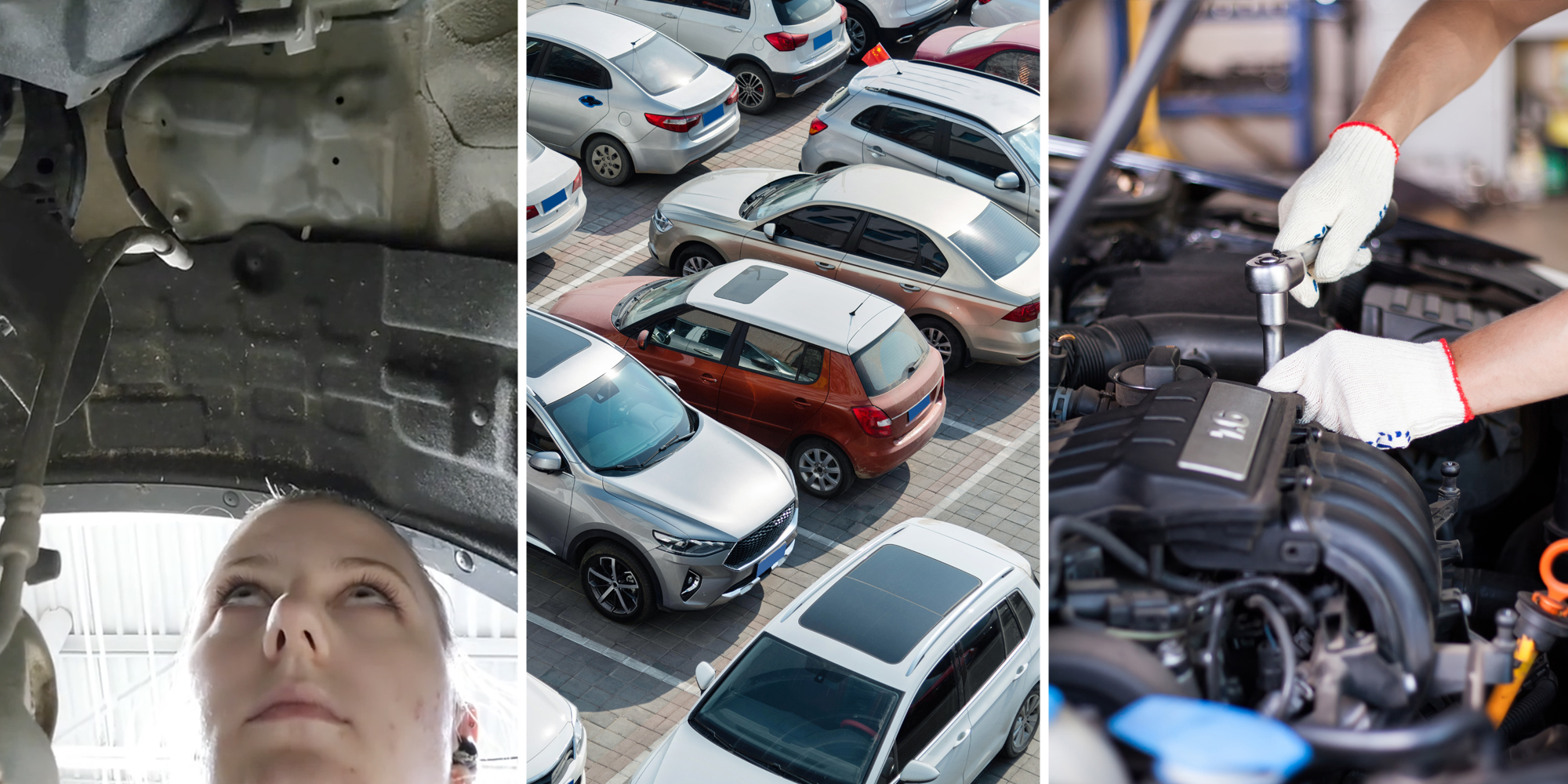 Mechanic under car(l), Parking lot with different cars(c), Mechanic working on engine(r)