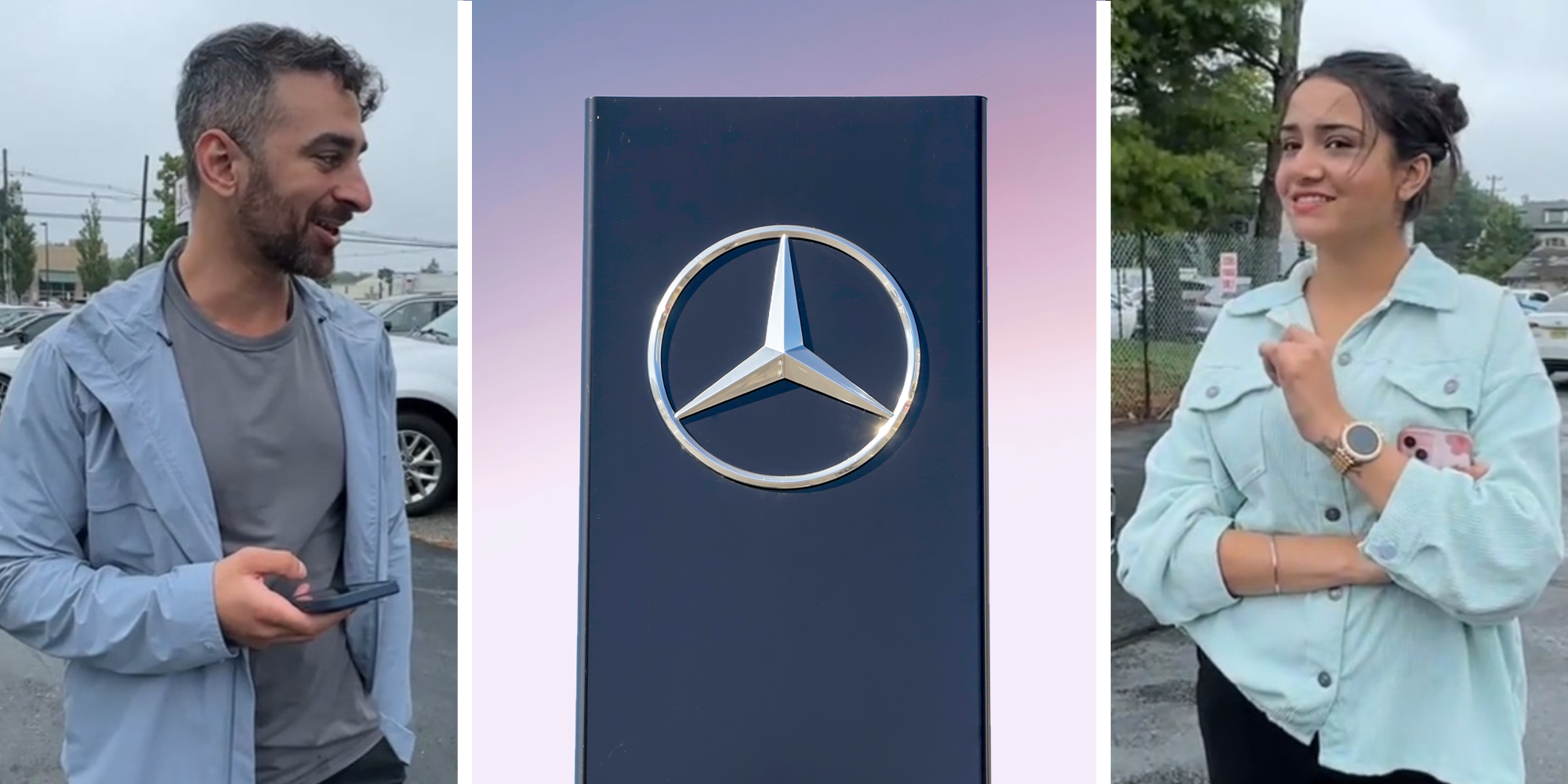 Man holding Phone(l) Mercedes dealer sign(c) Woman wearing light blue shirt(r)