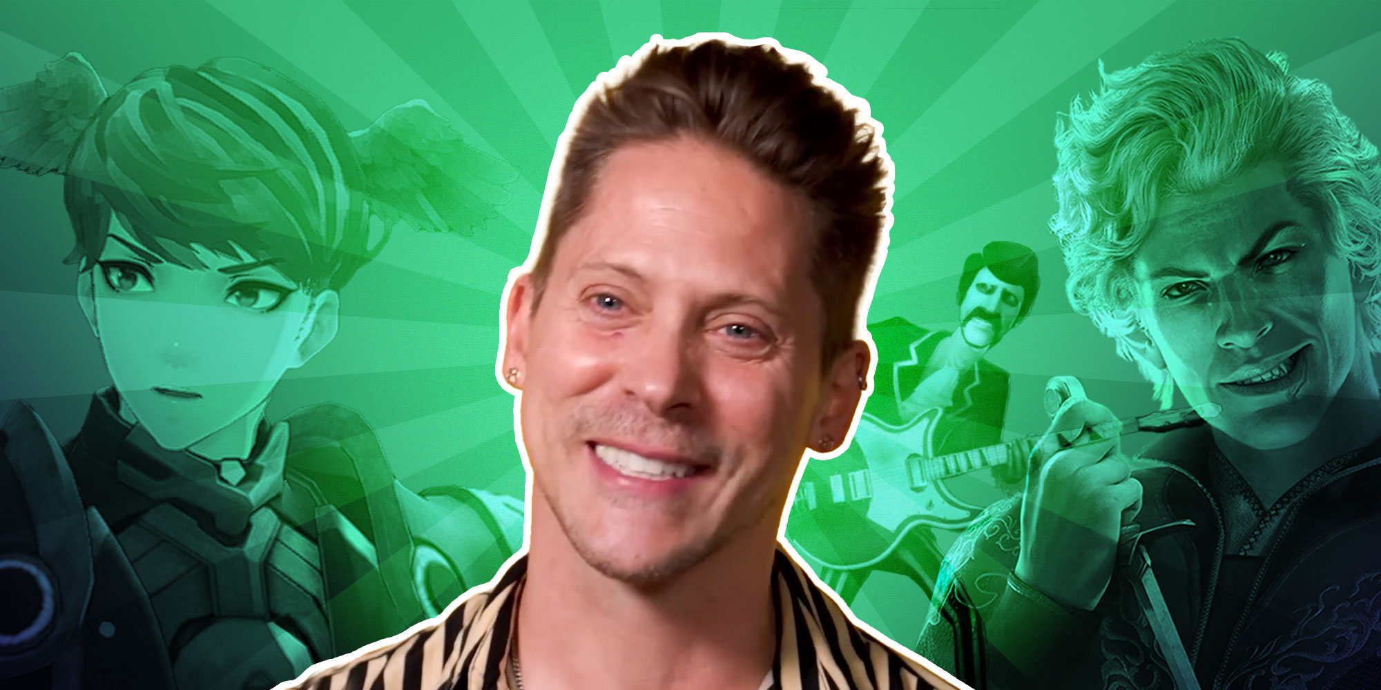 Single panel image featuring multiple figures. Main figure features Astarion actor Neil Newbon, outlined in white to highlight hierarchy in the design. The 3 additional figures are overlaid behind him and are the characters he voices.