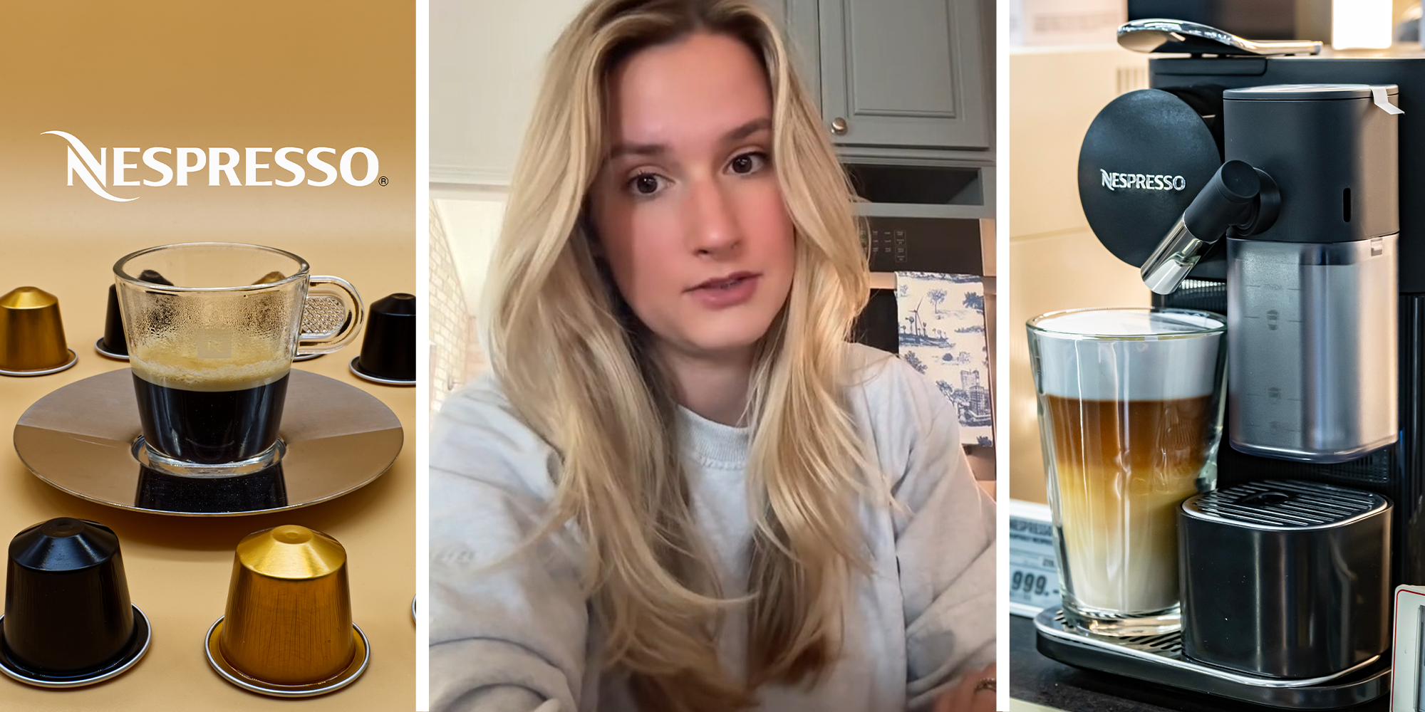 Nespresso Cups; blonde woman Sharing story on tiktok; Nespresso Machine