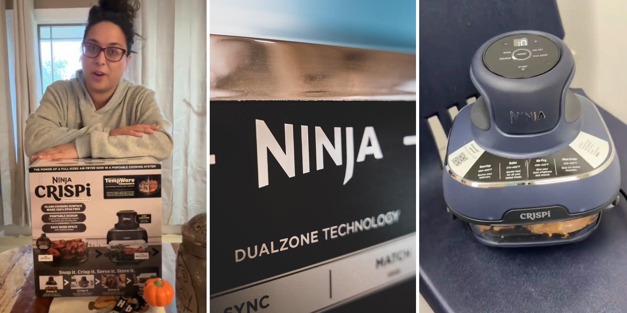 Woman unboxing Ninja Crispi(l) Ninja Brand(c) Ninja Crispi being used on top of an office chair(r)