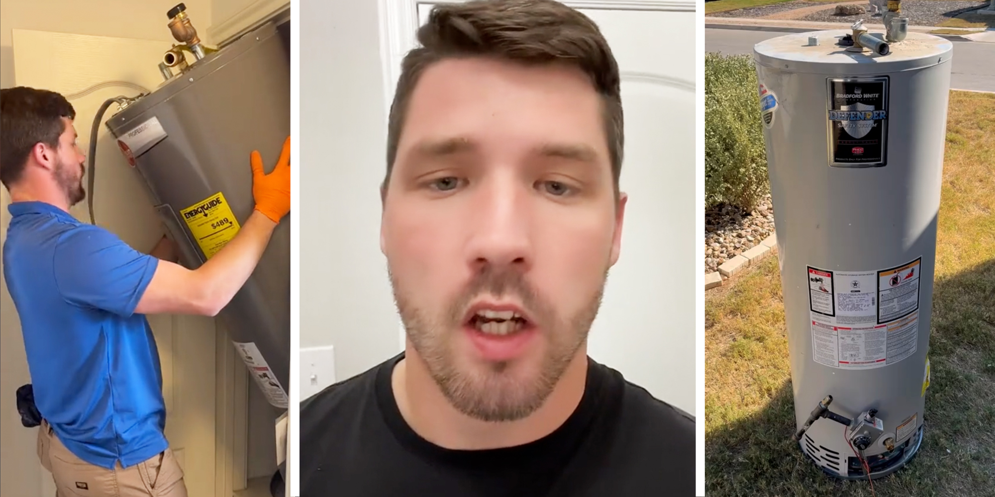 PLumber taking water heater out of wall(l), Plumber talking(c), Water heater on lawn(r)