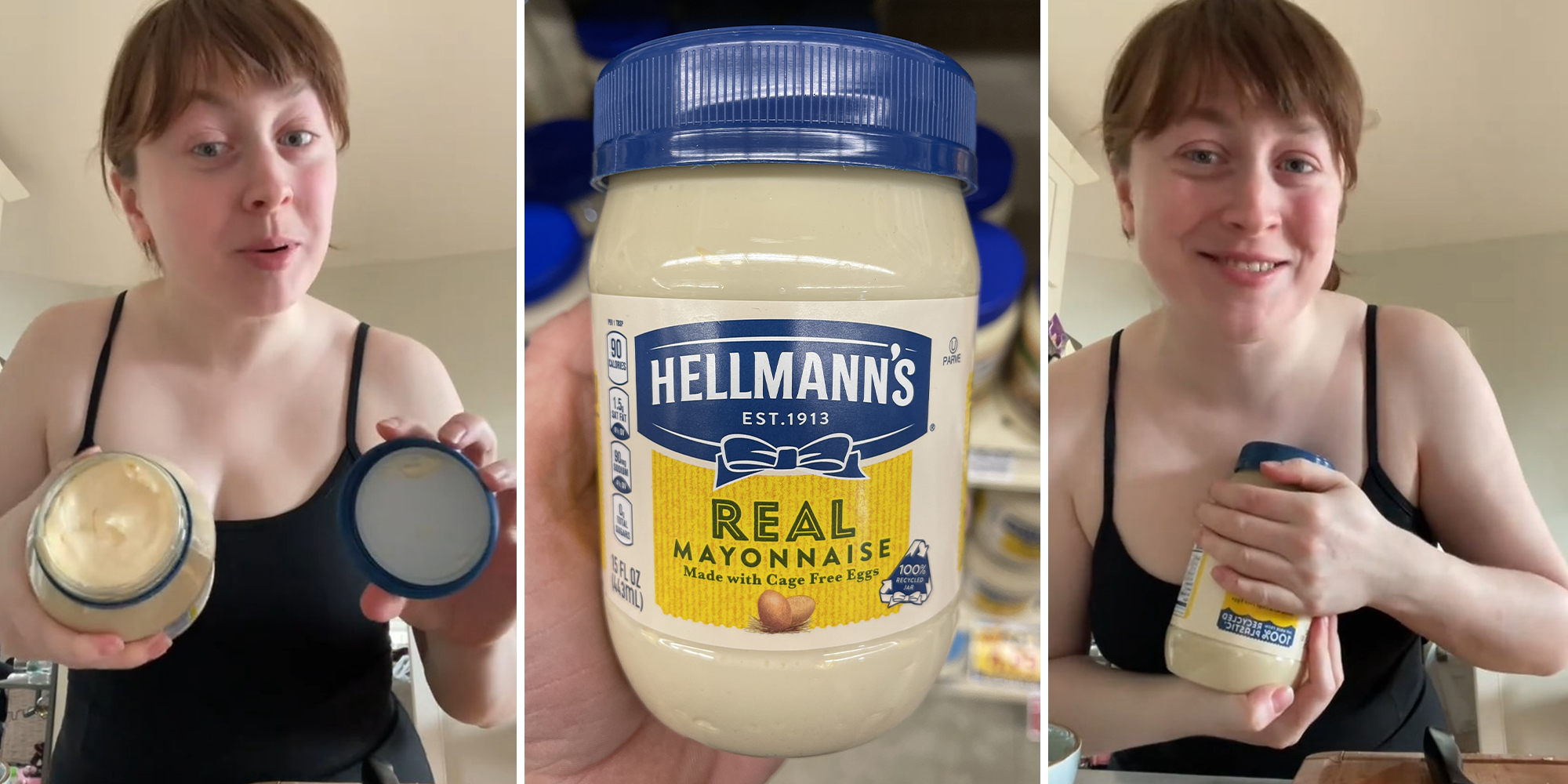 Woman holding an open jar of Mayo(l) Hellmanns Mayo Jar(c) Woman opening a jar of mayo(r)