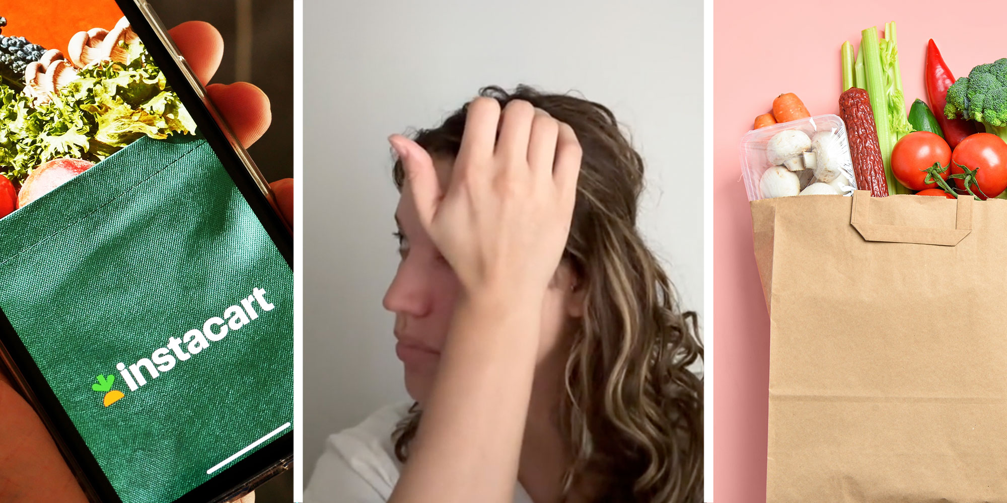 Three panel image with panel one showing a close up a phone with the logo "instacart" on it, the 2nd panel features the woman from the tiktok video, she looks sad and frustrated with her hand on her forhead, the 3rd image shows a full bag of groceries.