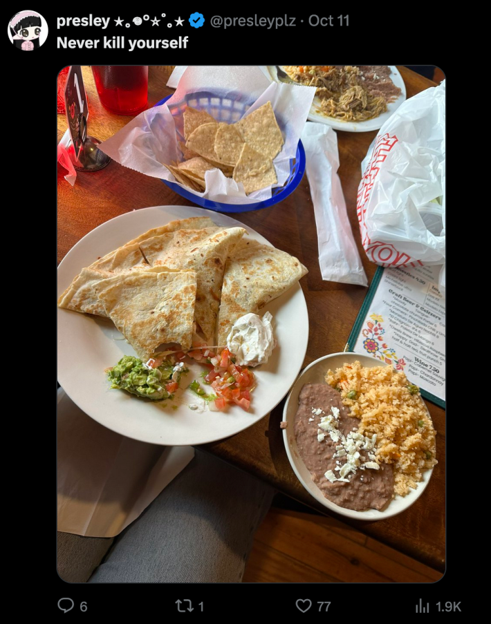 A X post depicting a tabletop of a Mexican restaurant. On the table is lots of food- a quesadilla, chips, drink, rice and beans and a menu. The post is captioned "Never Kill Yourself."
