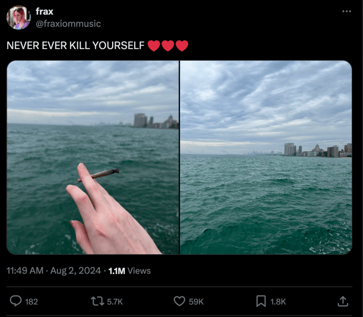 An X post with the caption "never kill yourself" and three emoji hearts, over a picture of someone smoking a joint on the water.