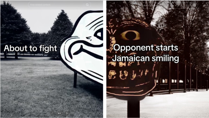 A split screen of two scenes: one with nature and a "about to fight" caption next to half a trollface, and the other, a filtered half trollface, darker than the lost with "opponent starts jamaican smiling" captioned on top of it.
