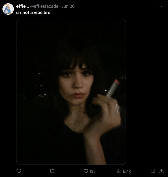 An X post subtweeting a blurry image of a woman with a cigarette. The caption says "U R Not A Vibe Bro"