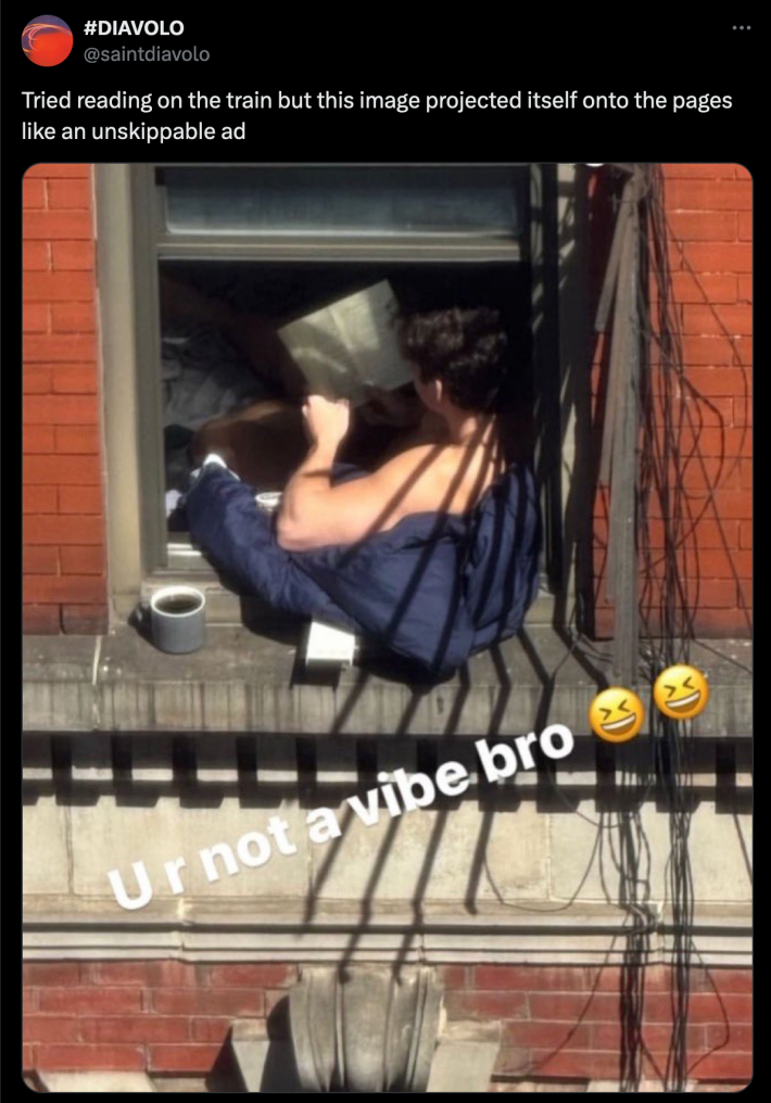 an X repost of the original catchphrase instagram post depicting a man sitting out of his window reading a book with the caption "this typa shit piss me off for no reason lmfao, u r not a vibe bro"