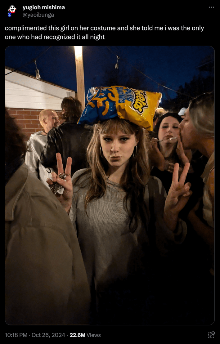 An X user recognizing another user for dressing as 'Shes So Crazzzzy love her" meme