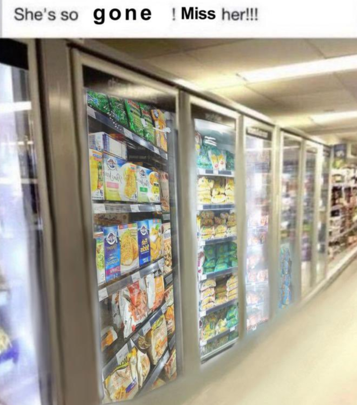 An X post of a variation on the meme, photoshopping the original subject out of context, with caption "She's So Gone, Miss Her"