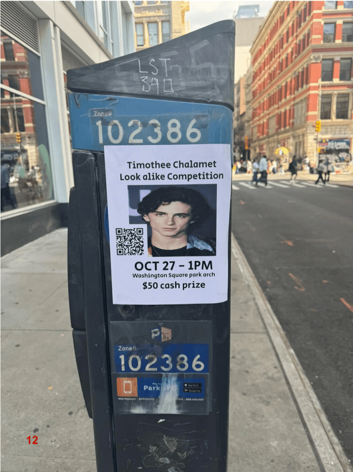 A flier of a "Timothee Chalamet look-alike contest" on the side of a city parking payment machine.