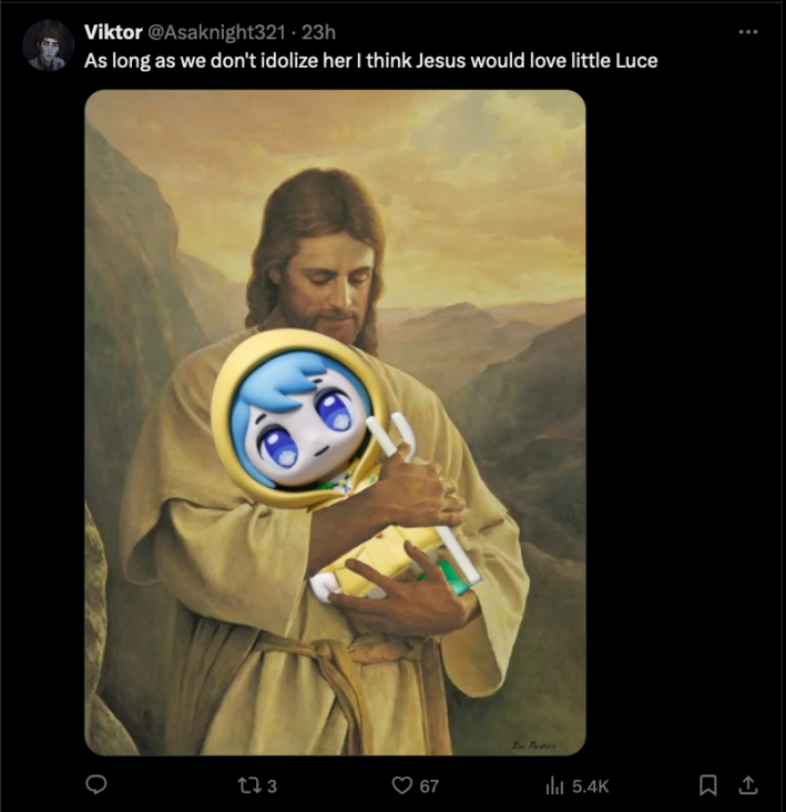 A tweet response with a painting of Jesus holding Luce. The caption reads "As long as we don't idolize her I think Jesus would love little Luce"
