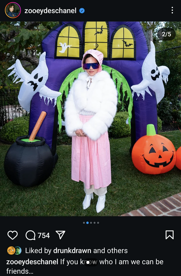 A Photo of Zooey Deschanel dressed up in her front yard as reality Star Angie K
