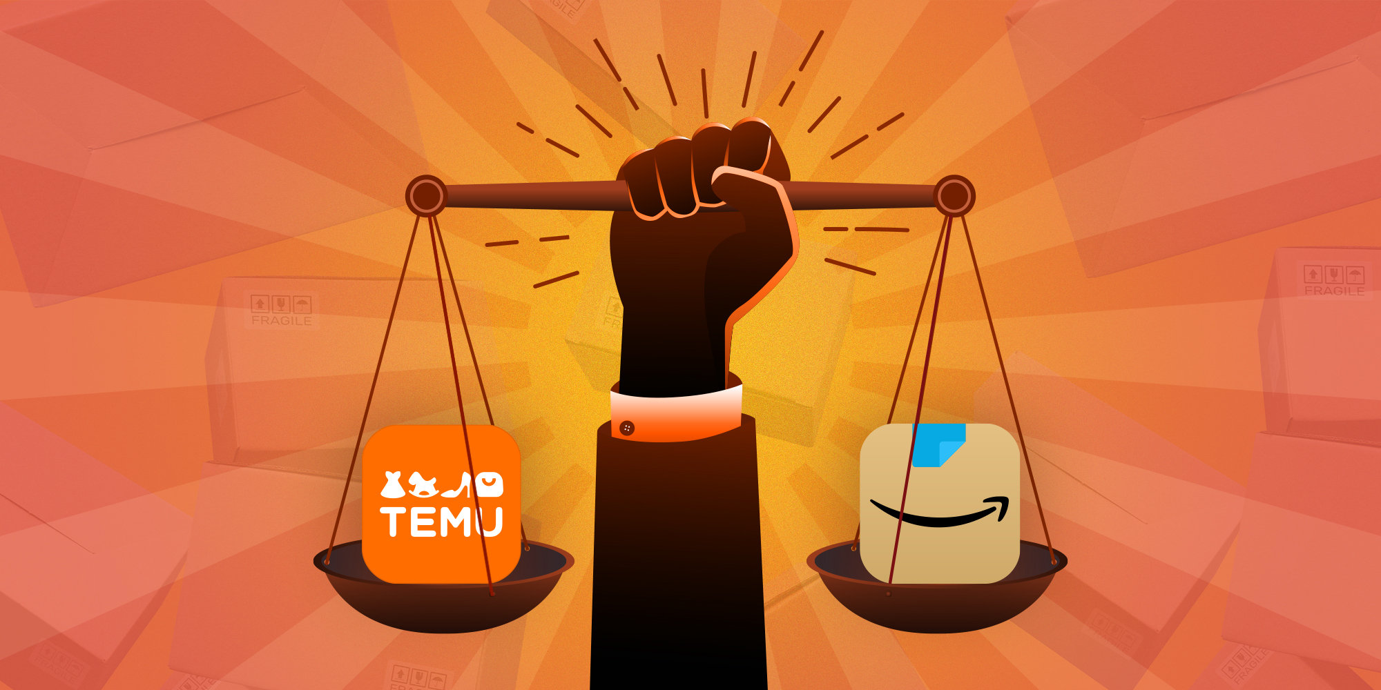 Arm with scales; Temu and Amazon icons