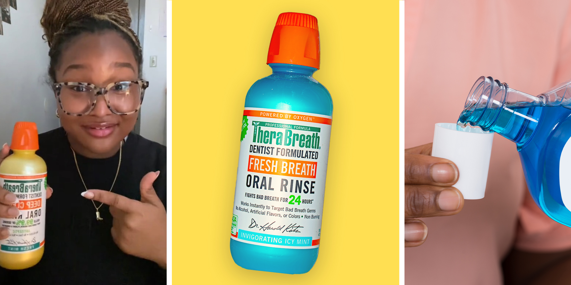 Woman pointing at mouthwash(l) TheraBreath mouth wash(c) Pouring Mouthwash(r)