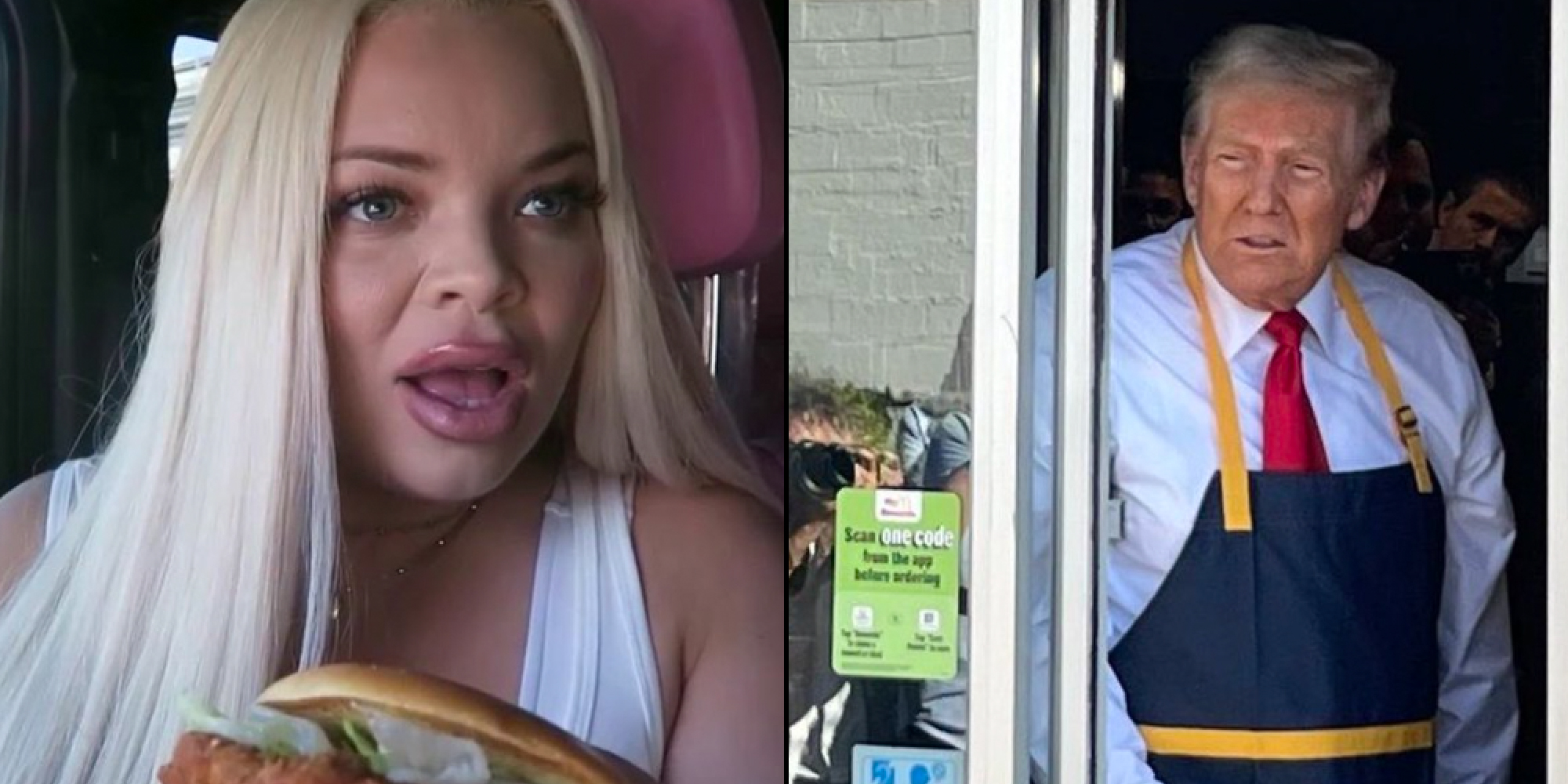 Two panel image. On the left side we see a woman holding a sandwich at a drive through. On the right is Donald Trump standing in a drive-thru window.