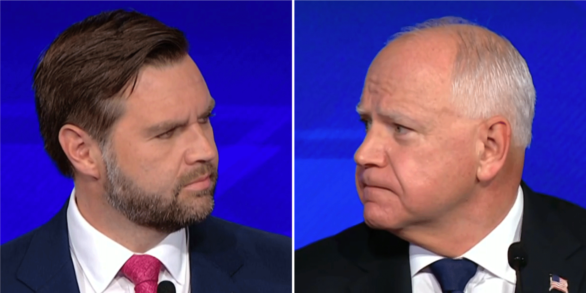 Vice presidential candidates JD Vance and Tim Walz face each other across a split screen.