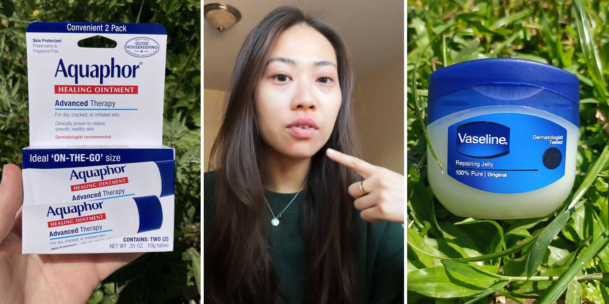 Aquaphor Ointment(l) Woman pointing at herself(c) Vaseline product laid on grass(r)