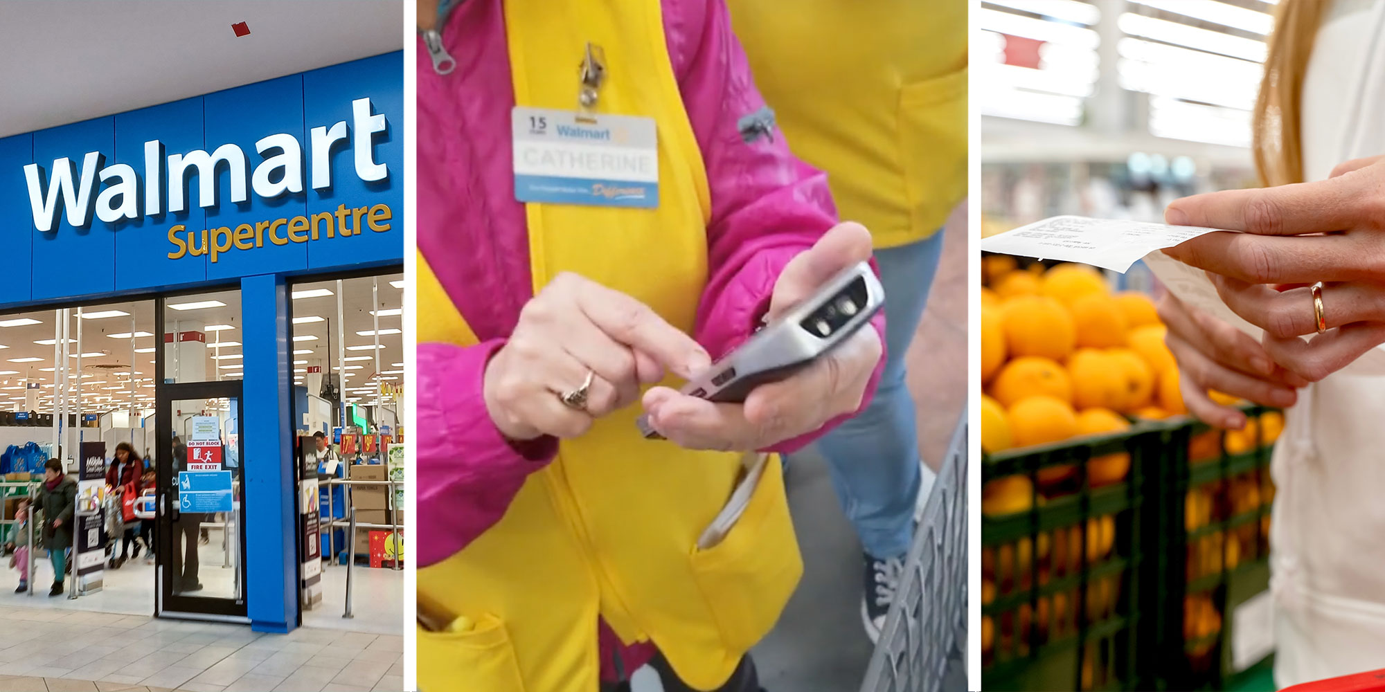 Three panel design with a Walmart Store entrance in panel one, a woman holding a device who appears to work at Walmart in the middle panel, and a person looking at a receipt in the final panel.