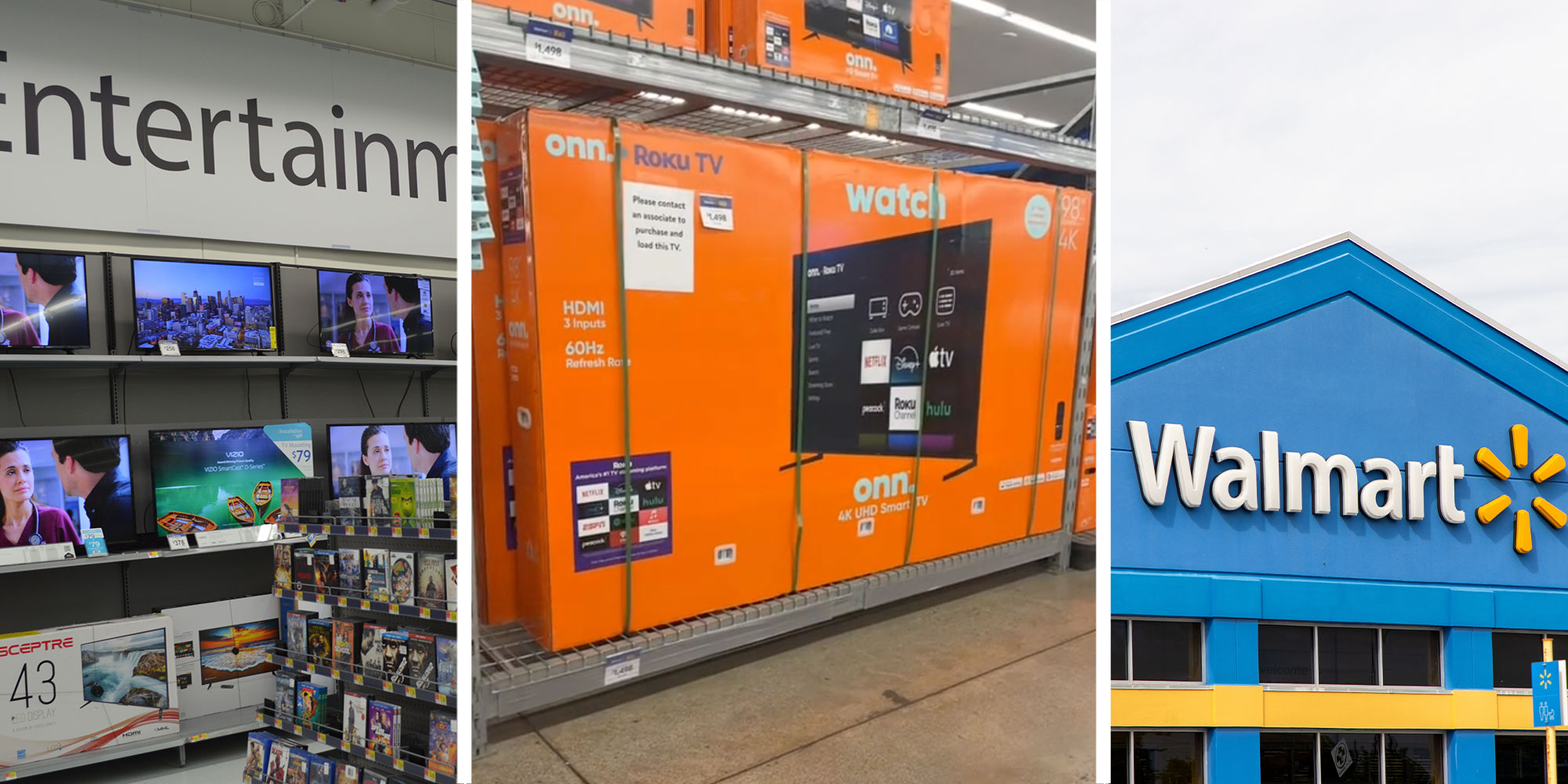 Three panel design with one showing the Entertainment section of a retail store, the middle is of a large TV in the store, and the last panel is the outside of a Walmart.