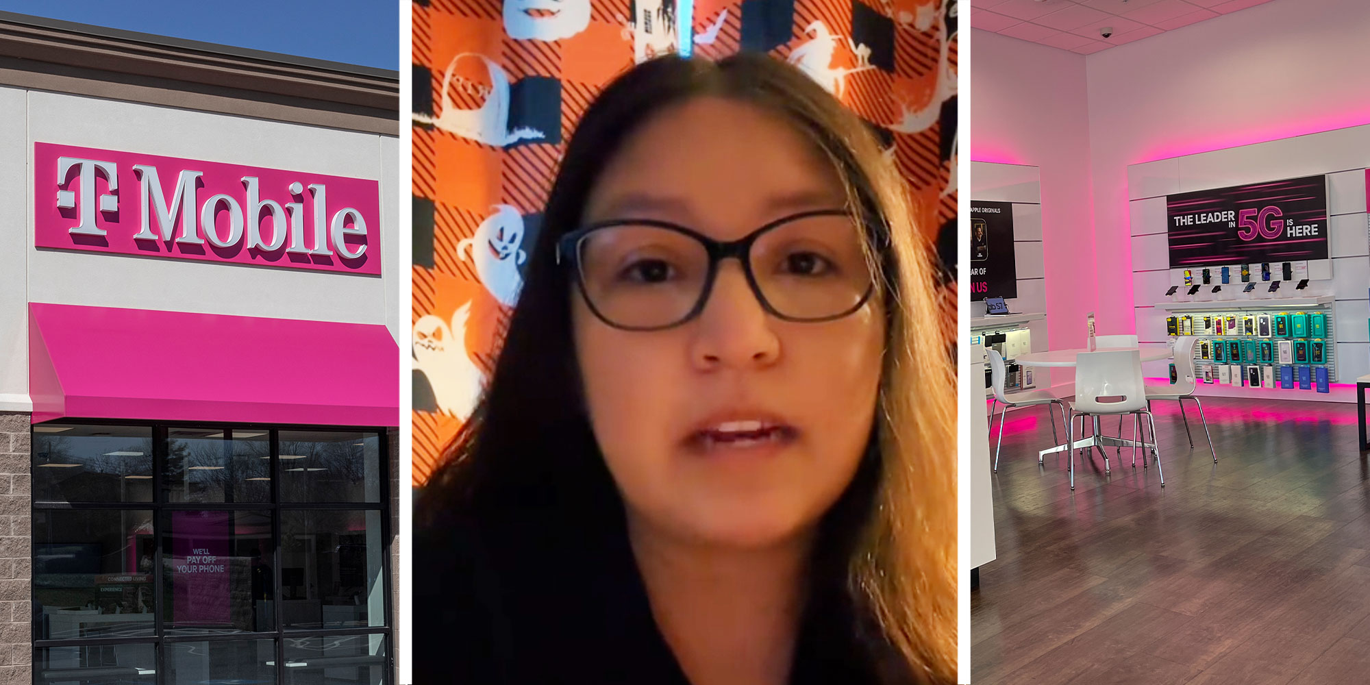 three panel design with one being the outside of a T-Mobil, the middle of a woman talking at the camera, and the 3rd of the inside of a T-Mobil store.