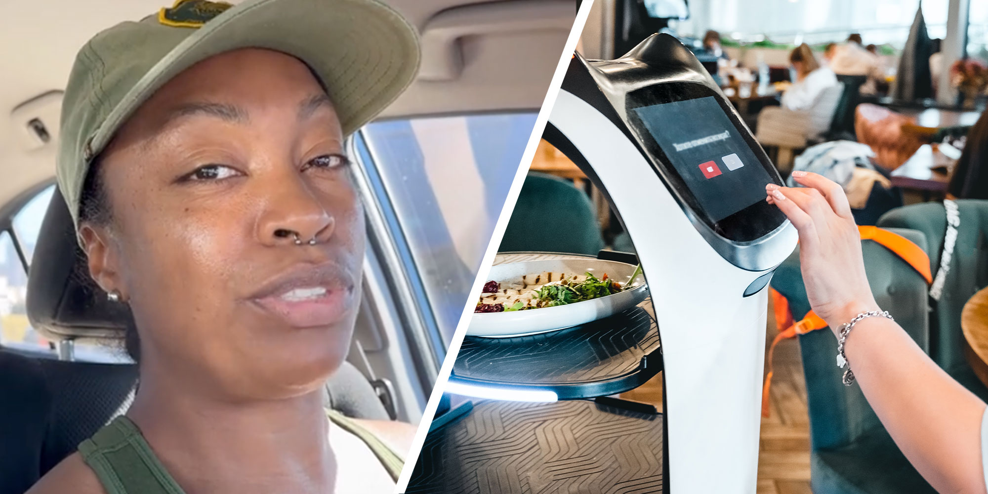 Two panel Design with panel one a close up of a woman who is talking in her car and panel two is a person using a checkout screen at a restaurant.