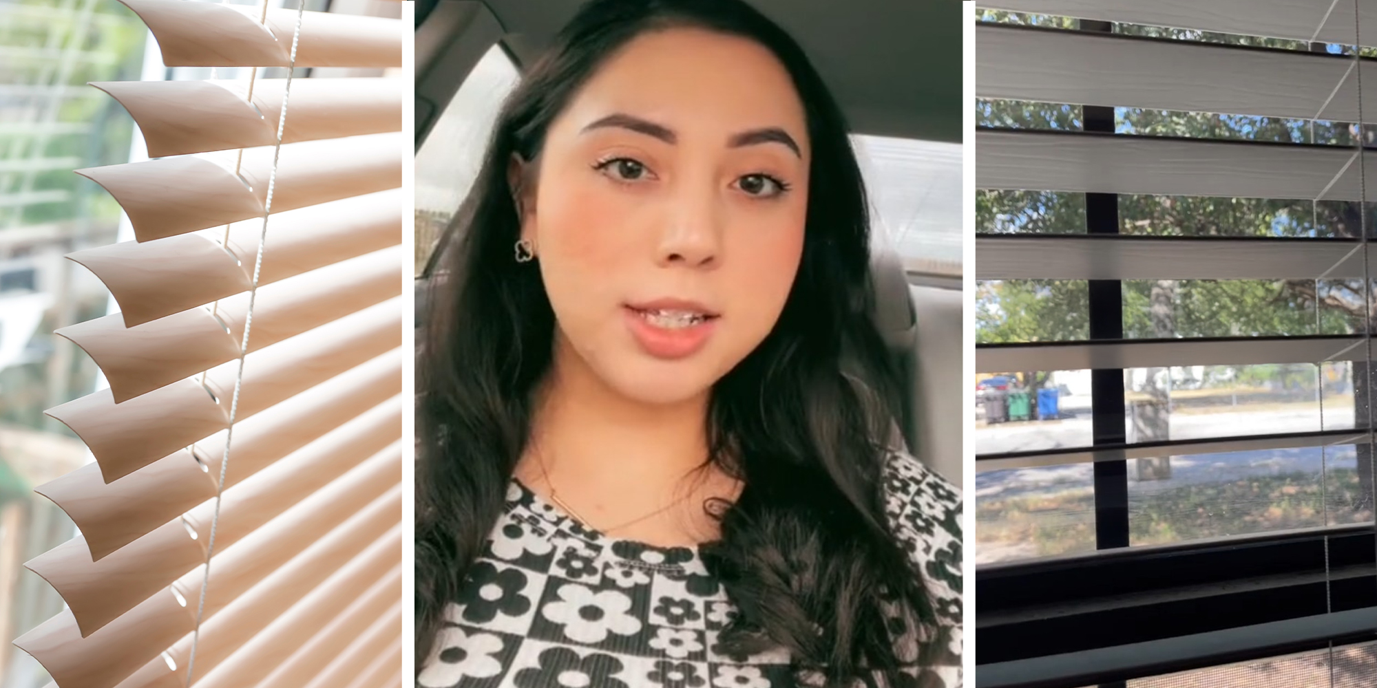 window blinds(l) Woman explaining how to properly use window blinds(c) Window blinds open(r)